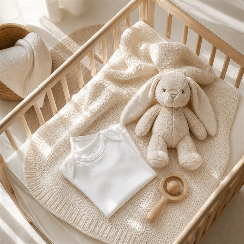 Cuna con manta de punto, peluche de conejo y body de algodón