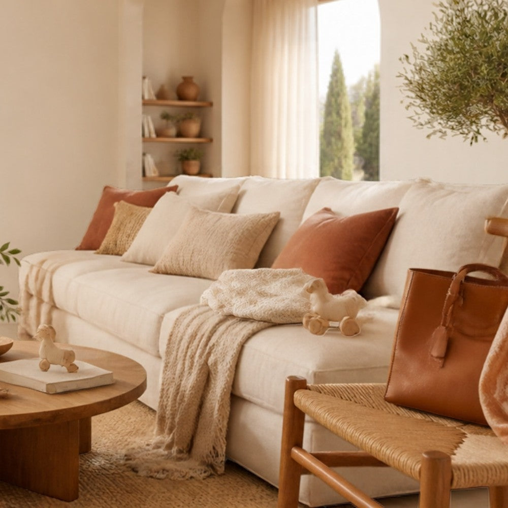 Salón luminoso con sofá crema y cojines terracota