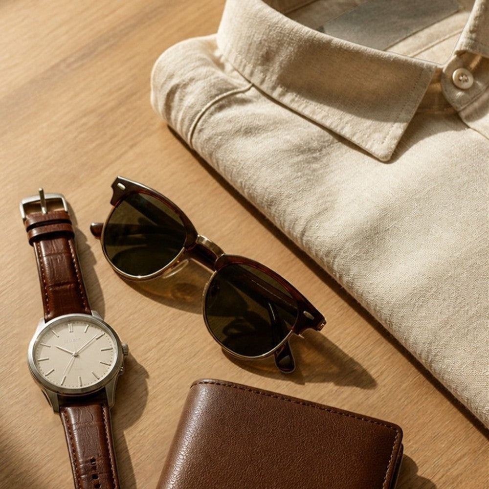Reloj, gafas de sol, cartera de piel y camisa de lino