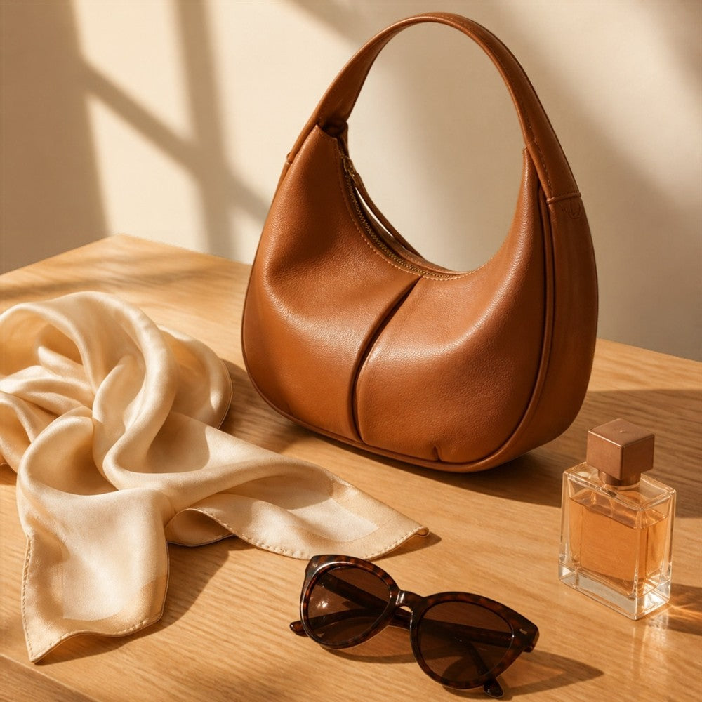 Bolso de piel, pañuelo, gafas de sol y perfume