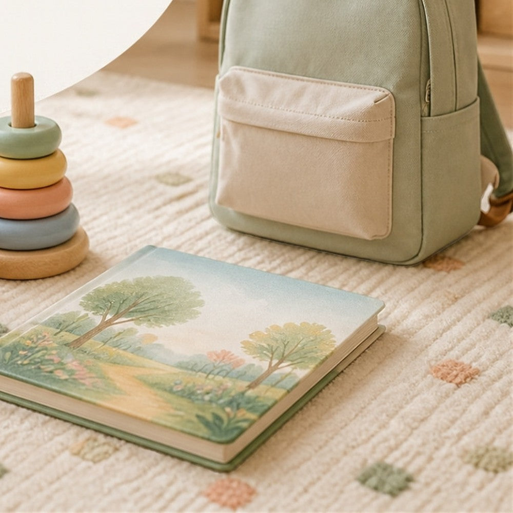Mochila infantil, juguetes de madera y cuento