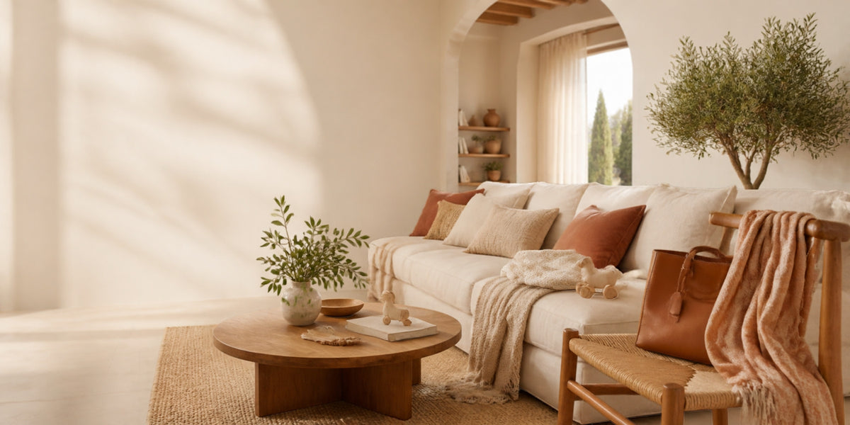 Salón luminoso de estilo mediterráneo con sofá, manta, bolso y juguete de madera